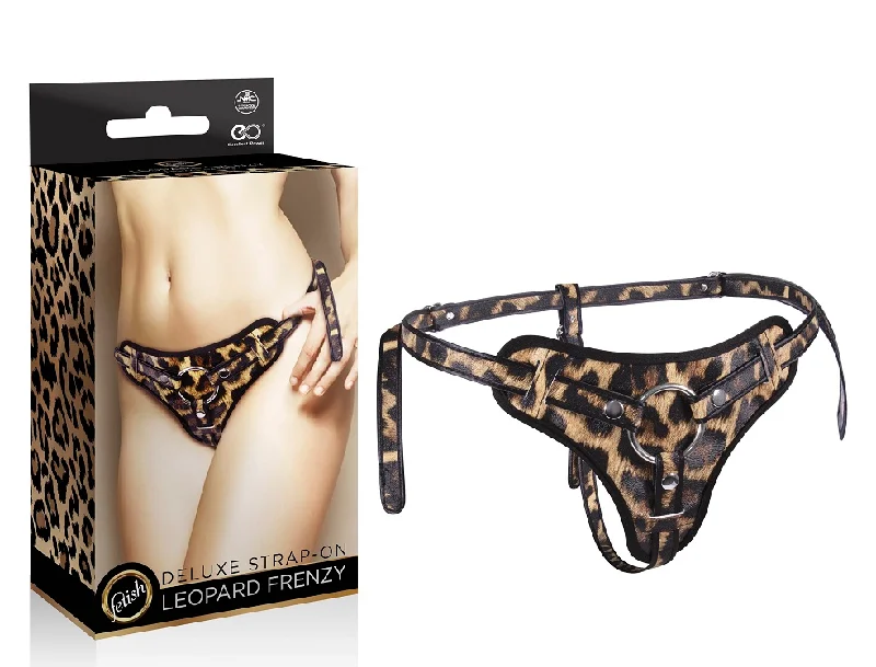 vibrating dildo with easy-to-use remote control accessories-Leopard Frenzy Deluxe Strap On Harness Leopard Print