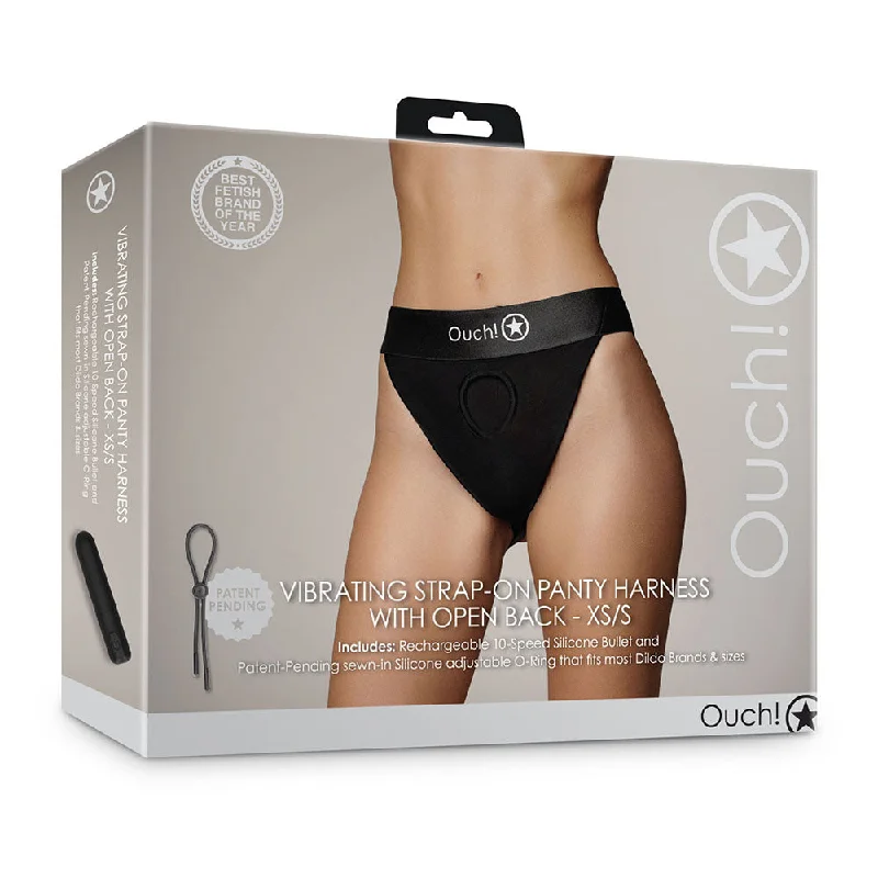 sexy-lingerie-for-gifting-Shots Ouch! Vibrating Strap-on Panty Harness with Open Back Black XS/S