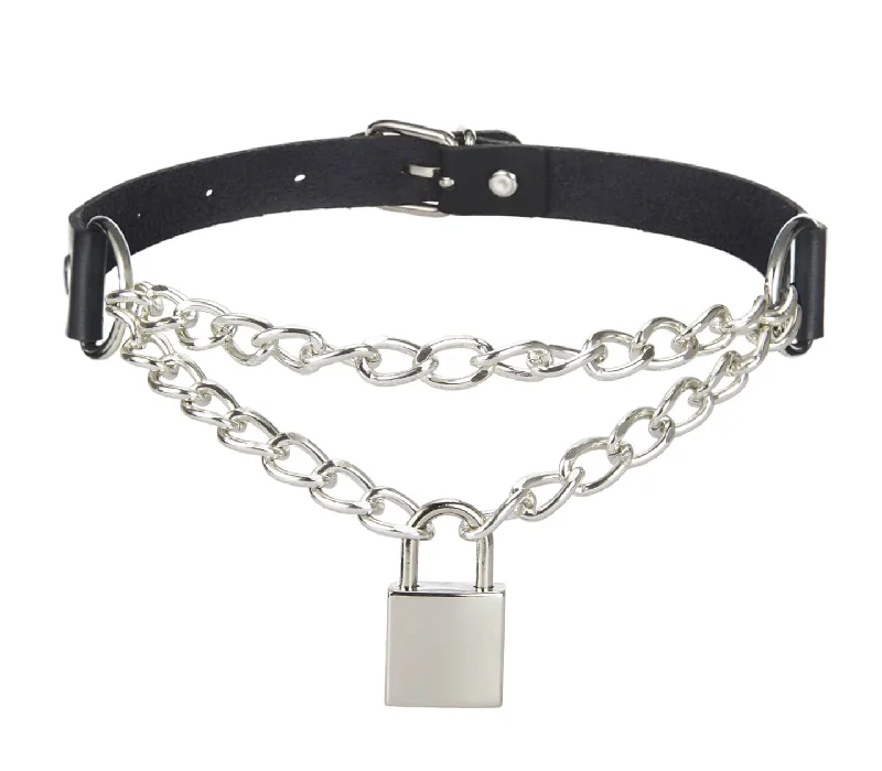 vibrating anal beads with multiple speeds accessories-LOVE IN LEATHER CHOCKER WITH CHAIN & PADLOCK