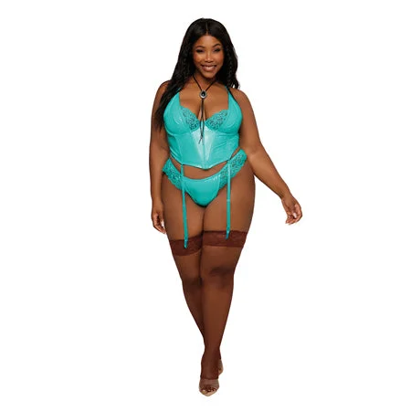 sexy-lingerie-for-comfort-Dreamgirl Stretch Vinyl and Lace Bustier and G-string Set Ocean 3XL