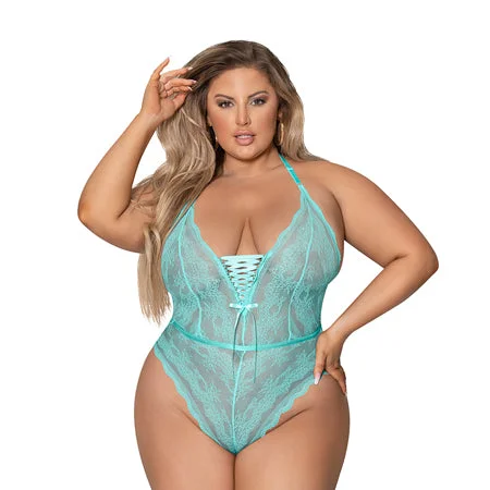 sexy-lingerie-with-plunging-Magic Silk Seabreeze Teddy With Snap Crotch Turquoise Queen Size