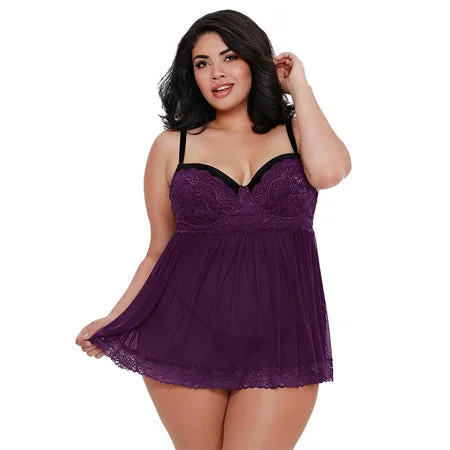 sexy-lingerie-with-chiffon-trim-Dreamgirl Stretch Mesh and Lace Babydoll Plum Queen 3X Hanging