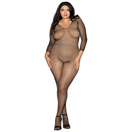 sexy-lingerie-with-stretch-lace-Dreamgirl Longsleeve Fishnet Bodystocking with Open Crotch Black Queen