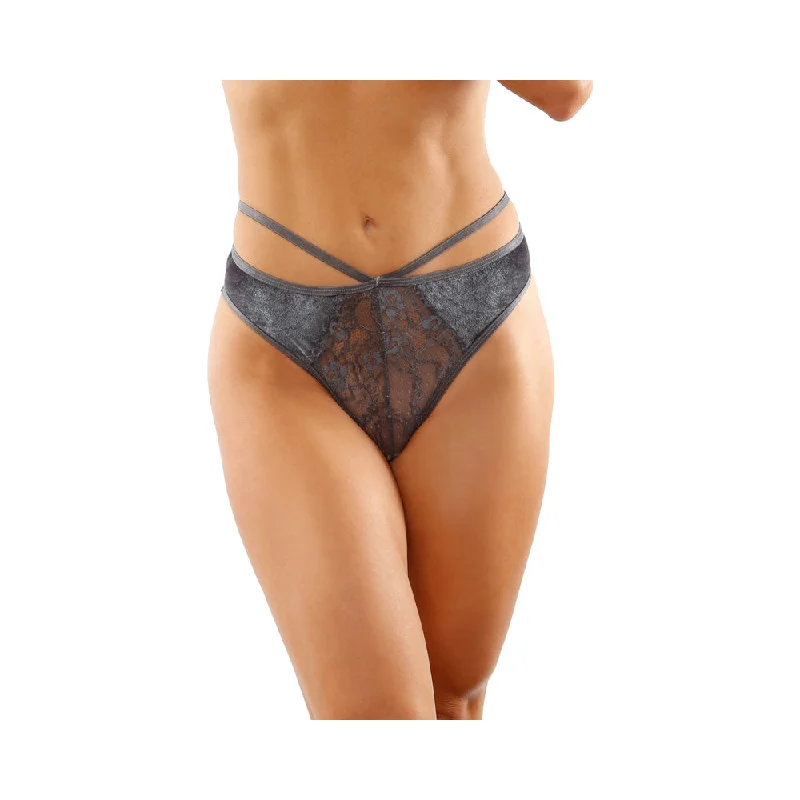 sexy-lingerie-with-lace-trim-Kalina Velvet Strappy Cut-Out Thong With Keyhole Back Gray S/M