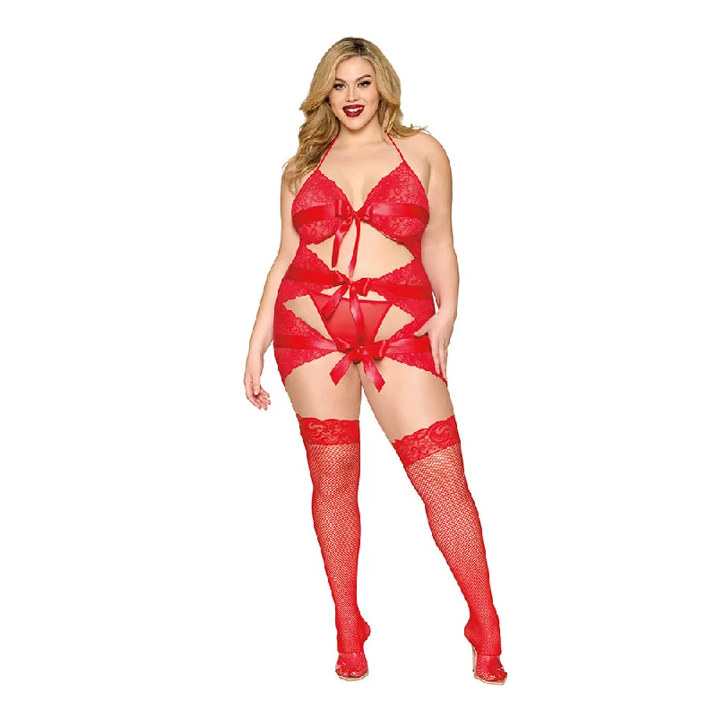 sexy-lingerie-with-illusion-Dreamgirl Garter Slip with Bow Detail and G-String Red Queen Size