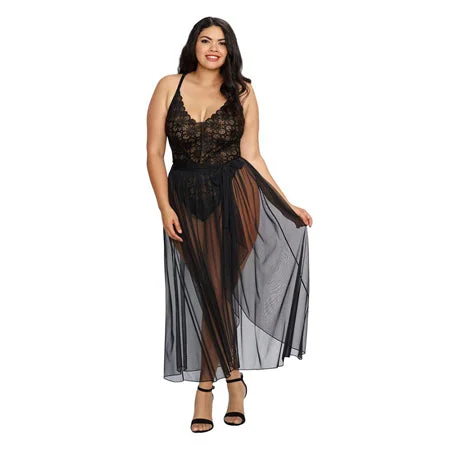 sexy-lingerie-plus-size-Dreamgirl Teddy & Sheer Mesh Maxi Skirt With G-String Black Queen 2X Hanging