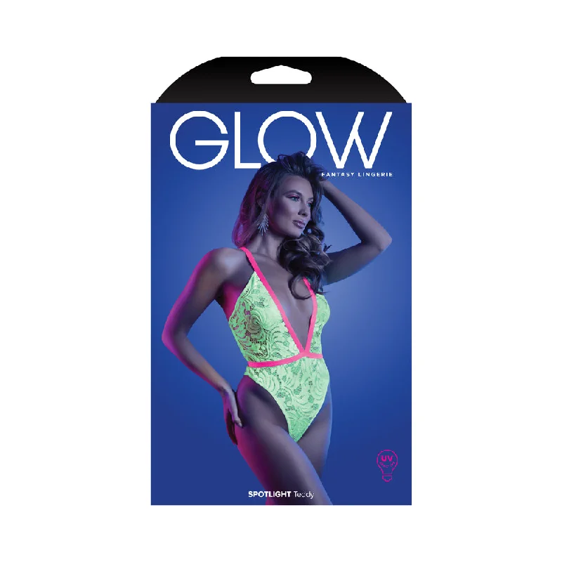 satin-sexy-lingerie-robe-Fantasy Lingerie Glow Spotlight Contrast Elastic Lace Teddy with Snap Closure Neon Green L/XL