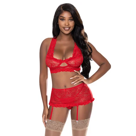 sexy-lingerie-for-date-night-Magic Silk Ooh La Lace Bralette, Garter Skirt & G-String Set Red L/XL