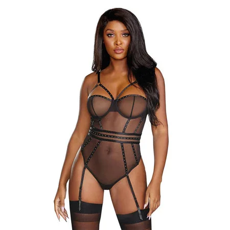 sexy-lingerie-with-animal-trim-Sheer Stretch Mesh Snap Crotch Teddy With Removable Garters Black Medium Hanging