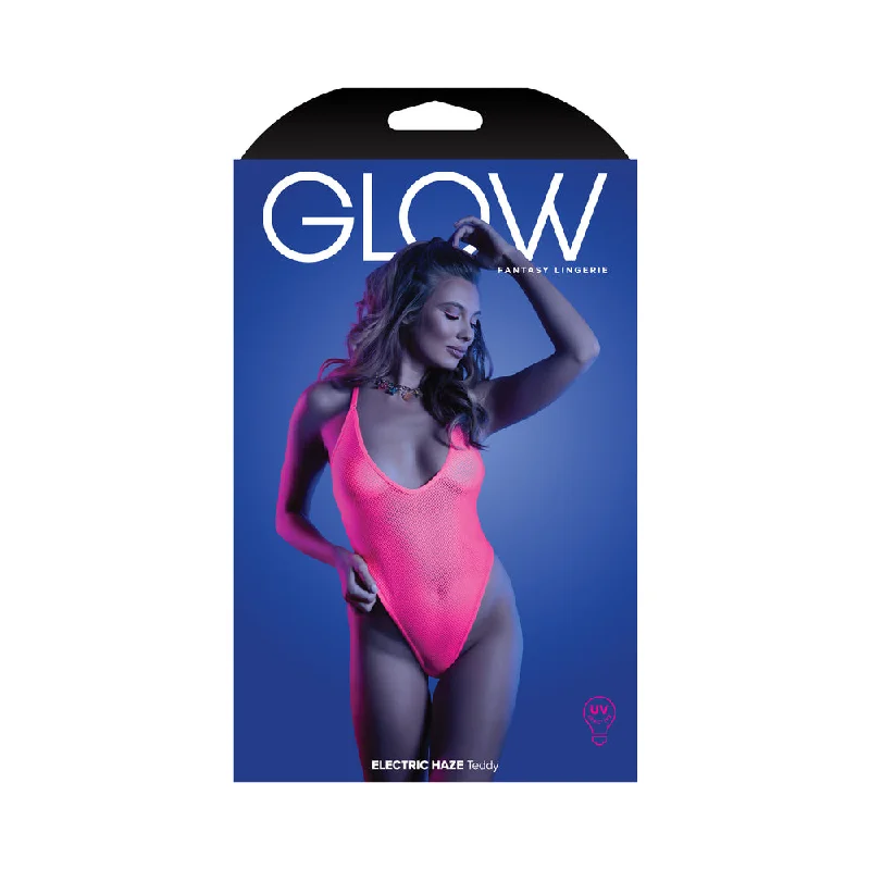 silk-sexy-lingerie-nightwear-Fantasy Lingerie Glow Electric Haze Criss Cross Back Teddy with Snap Closure Neon Pink S/M