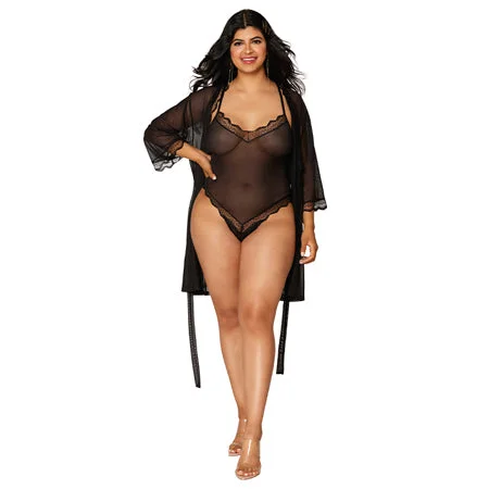 sexy-lingerie-for-fierce-look-Dreamgirl Mesh Robe & Strappy Back Teddy With Lace Trim Black 2XL Hanging