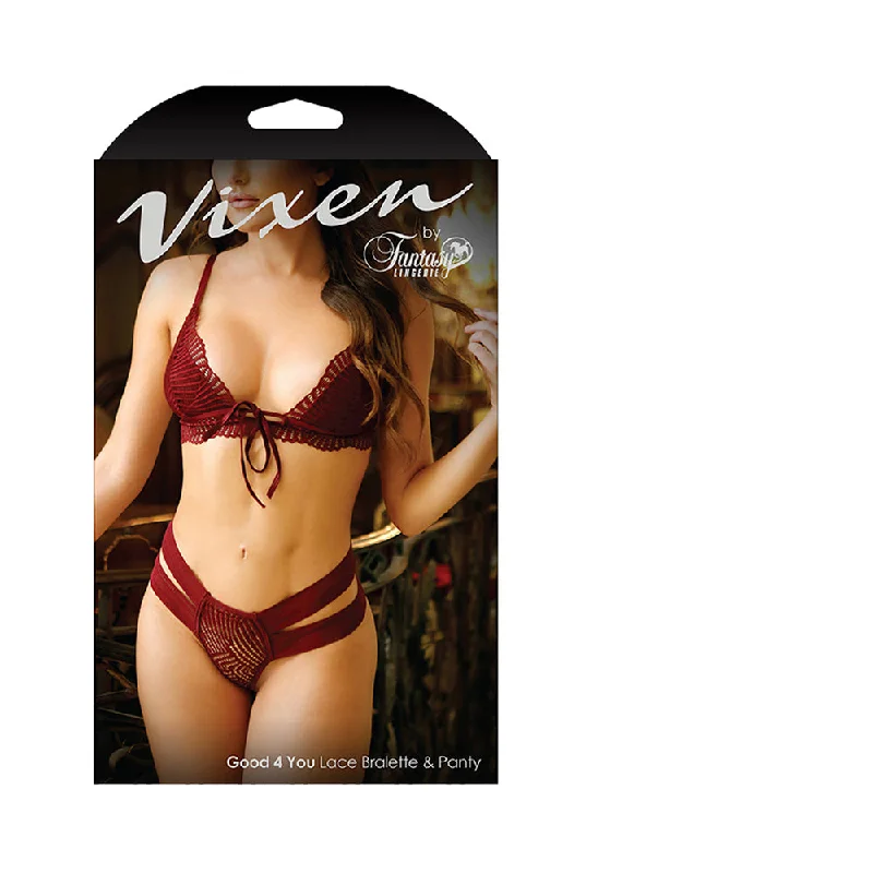 sexy-lingerie-open-cup-Fantasy Lingerie Vixen Good 4 You Lace Triangle Bralette & Panty Burgundy O/S