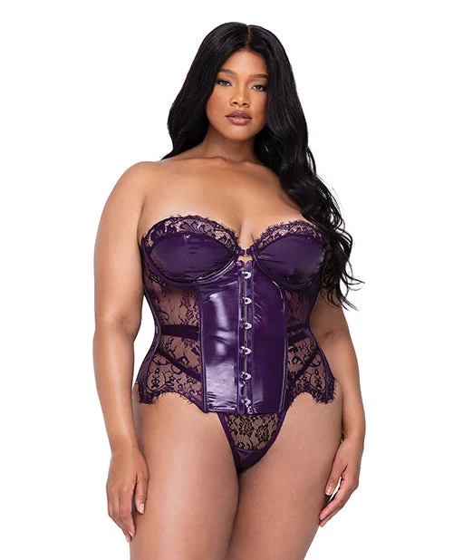 vibrating anal toy for sensitive users accessories-Sugar Plum Scalloped Eyelash Lace & Faux Leather Bustier W/steel Boning & Thong Purple