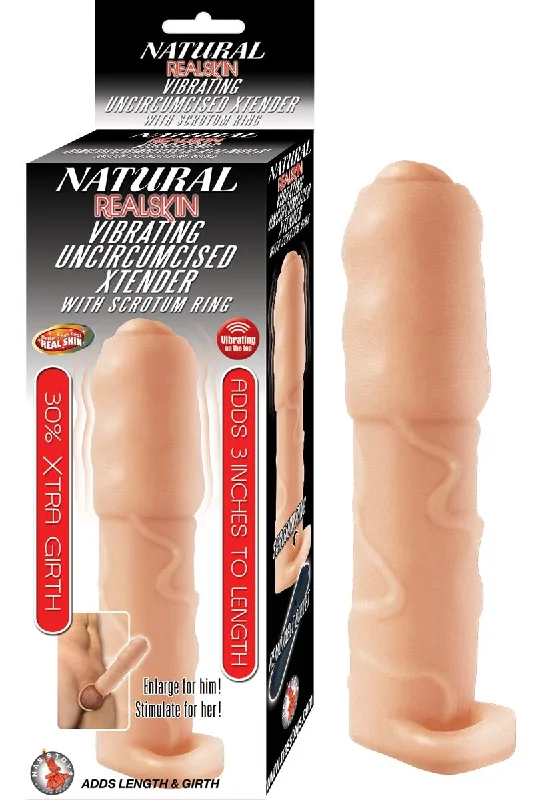 vibrating finger vibrator for men accessories-Nasstoys Natural Realskin Vibrating Uncircumsised Xtender with Scrotum Ring White Flesh Penis Extension