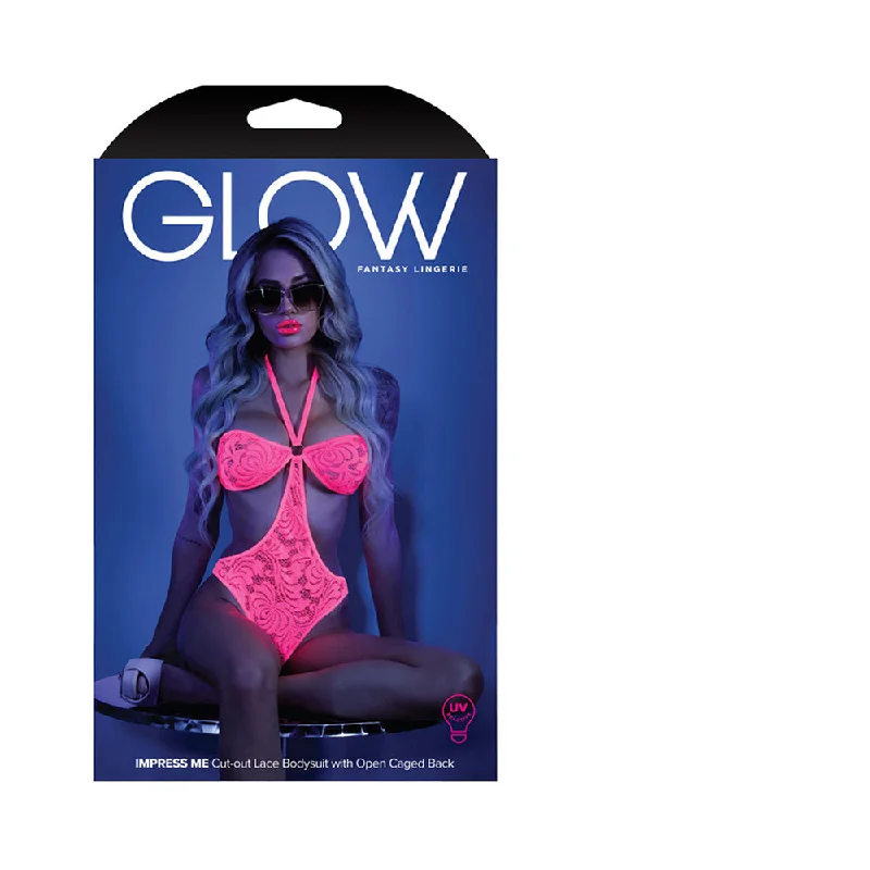 sexy-lingerie-with-molded-Fantasy Lingerie Glow Impress Me Lace Bodysuit With Open-Cage Back Neon Pink S/M