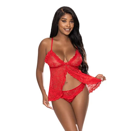 floral-sexy-lingerie-design-Magic Silk Ooh La Lace Babydoll & Split-Crotch Panty Set Red S/M