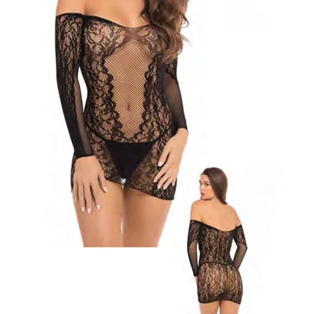 sexy-lingerie-for-subtle-romance-Rene Rofe Demure Long Sleeve Mini Dress Black S/M