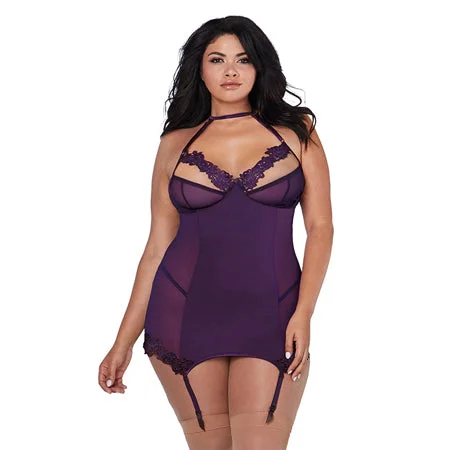 sexy-lingerie-for-feminine-sexy-Dreamgirl Microfiber and Mesh Garter Slip With Underwire Shelf Bra Plum Queen