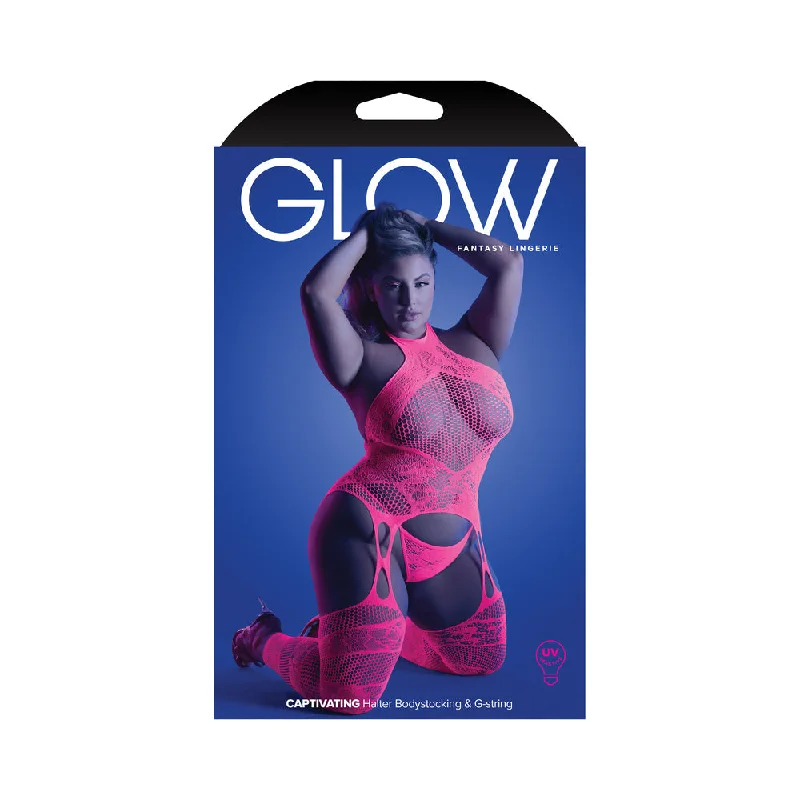 sexy-lingerie-with-tassel-trim-Fantasy Lingerie Glow Captivating High Neck Halter Bodystocking & G-String Set Neon Pink Queen Size