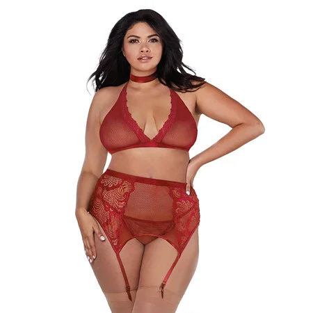 sexy-lingerie-with-mesh-insert-Dreamgirl Fishnet and Lace Four-Piece Set With Stretch Velvet Trim Accents Garnet Queen