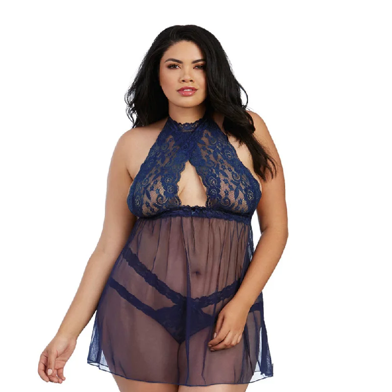 sexy-lingerie-with-soft-cup-Dreamgirl Stretch Lace & Mesh Babydoll with High-Neck Halter Styling Midnight Queen