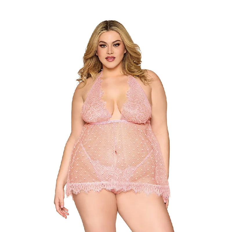 sexy-lingerie-with-demi-cup-Dreamgirl Lace and Polka Dot Mesh Babydoll and G-String Rose Quartz 2XL