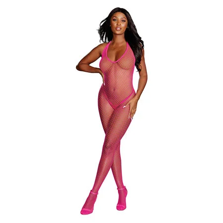 sexy-lingerie-with-guipure-lace-Dreamgirl Diamond-Net Halter Bodystocking With Open Crotch Neon Pink OS