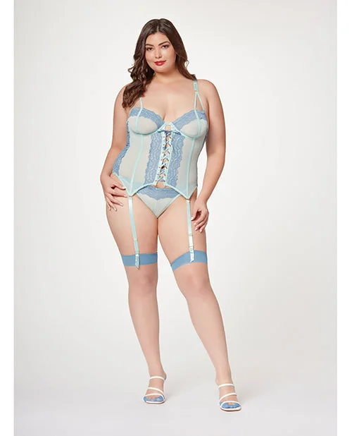 vibrating dildo for more intense orgasms accessories-Lace & Mesh Bustier W/lace Up Center, Garter Belt & Thong Blue