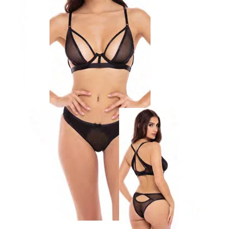 sexy-lingerie-with-feather-trim-Rene Rofe New In Town 2-Piece Bra Set Black S/M