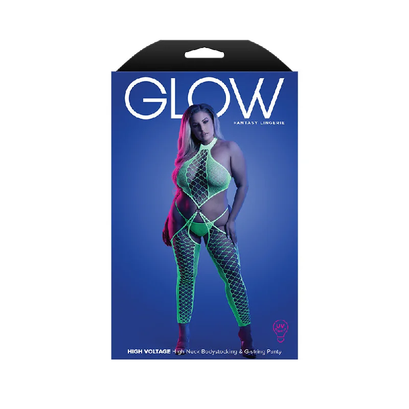 sexy-lingerie-with-crisscross-Fantasy Lingerie Glow High Voltage UV Reactive High Neck Bodystocking & G-String Panty Queen Size