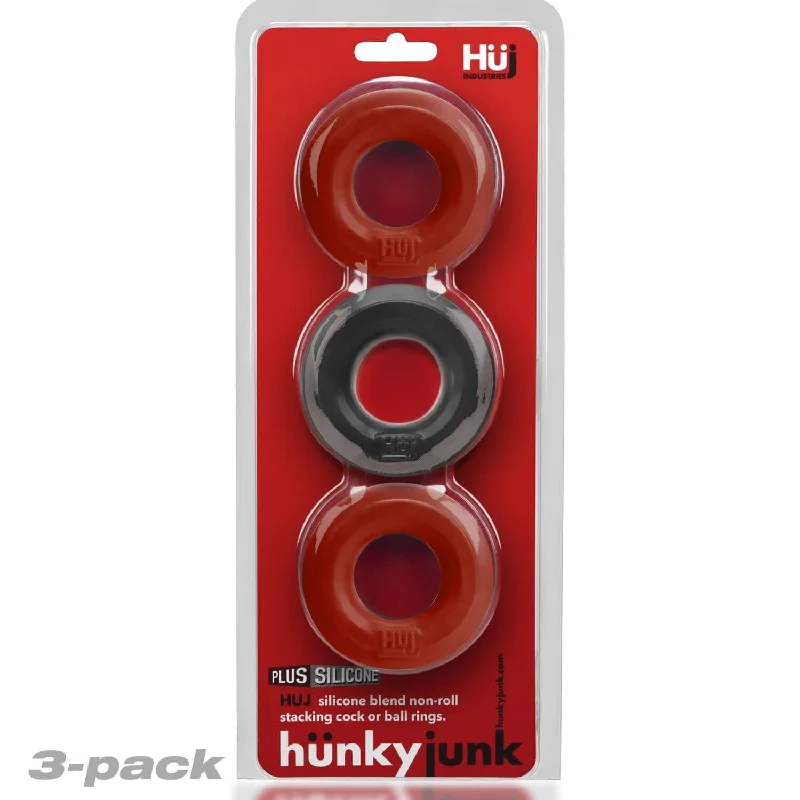 vibrating anal massager with multi-textured surface accessories-Hunky Junk HUJ C-Ring 3 Pack: Unparalleled Comfort and Fit in Cherry Red and Tar