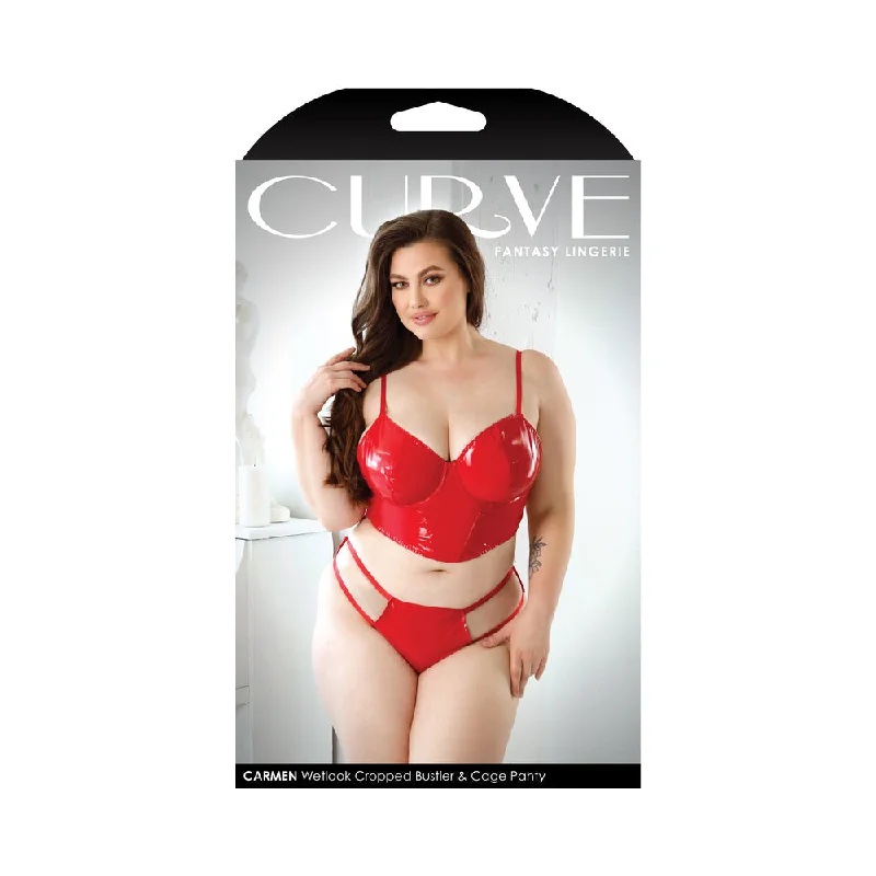 sexy-lingerie-for-honeymoon-Fantasy Lingerie Curve Carmen Wetlook Cropped Bustier & Matching Cage Panty Red 3XL/4XL