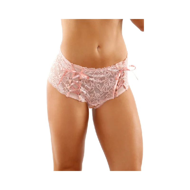 sexy-lingerie-with-satin-trim-Magnolia Crotchless Lace Boyshort With Lace-Up Panel Details Light Pink L/XL