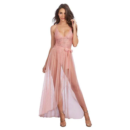 sexy-lingerie-with-garters-Dreamgirl Teddy & Sheer Mesh Maxi Skirt With G-String Rose Small Hanging