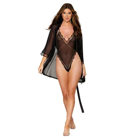 sexy-lingerie-for-dreamy-vibe-Dreamgirl Mesh Robe & Strappy Back Teddy With Lace Trim Black XL Hanging