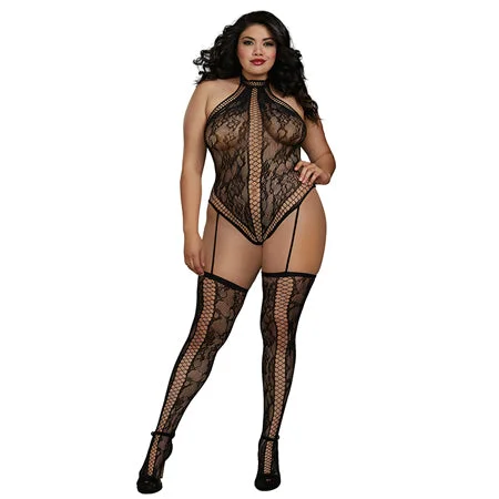 sexy-lingerie-with-keyhole-Dreamgirl Lace Teddy Bodystocking With Criss-Cross Details, Halter Neckline Black Queen