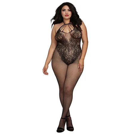 sexy-lingerie-with-sheer-lace-Dreamgirl Fishnet Bodystocking With Knitted Teddy Design Black Queen