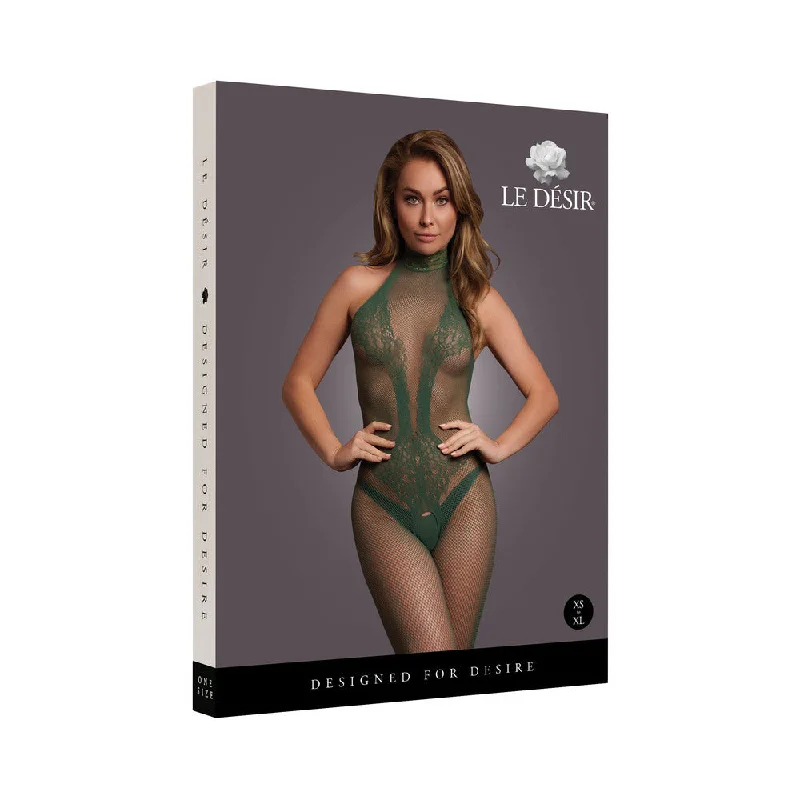 sexy-lingerie-for-date-night-Le Desir Fishnet and Lace Bodystocking Midnight Green O/S