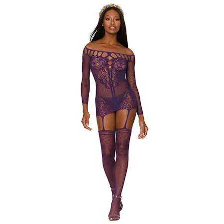 sexy-lingerie-for-effortless-sexy-Dreamgirl Fishnet Lace Garter Dress With Attached Stockings Aubergine O/S