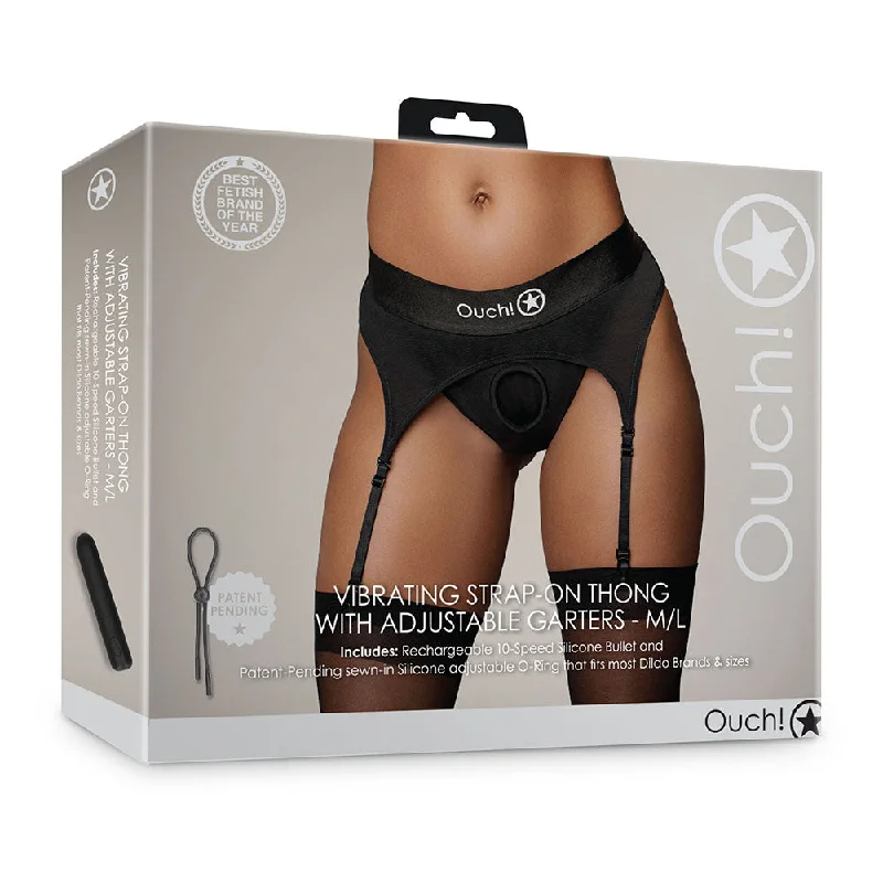 sexy-lingerie-for-newlyweds-Shots Ouch! Vibrating Strap-on Thong with Adjustable Garters Black M/L