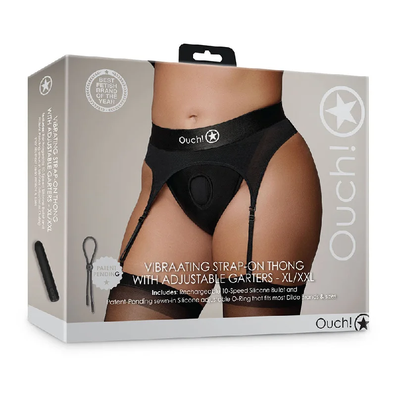 sexy-lingerie-with-embroidery-Shots Ouch! Vibrating Strap-on Thong with Adjustable Garters Black XL/2XL