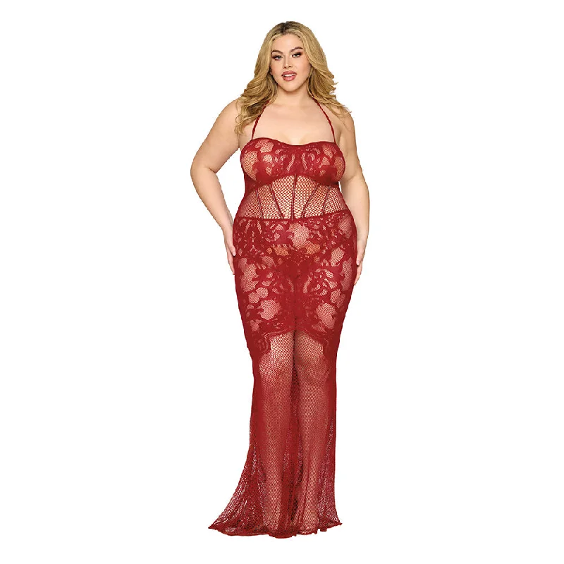 sexy-lingerie-for-modern-glam-Dreamgirl Lace Bodystocking Gown with Bustier Detail Oxblood Queen Size