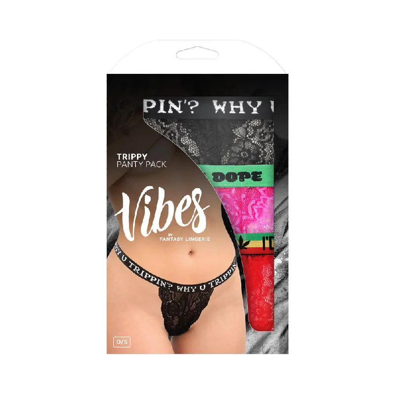 trendy-sexy-lingerie-2025-Fantasy Lingerie Vibes Trippy Vibes Pack 3-Piece Lace Thong Panty Set Black/Red/Pink O/S