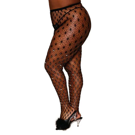 sexy-lingerie-open-cup-Dreamgirl Geometric Fence Net Pantyhose with Rhinestone Embellishment Black Queen Size