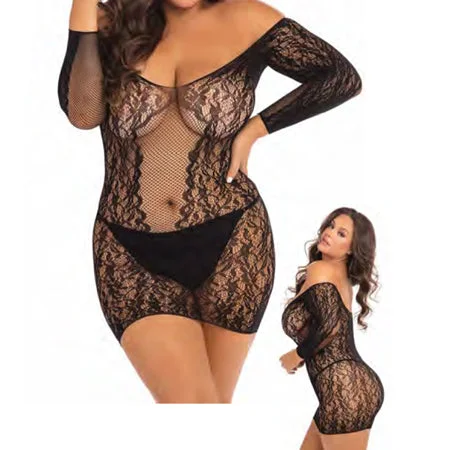 sexy-lingerie-with-lace-trim-Rene Rofe Demure Long Sleeve Mini Dress Black 3XL/4XL